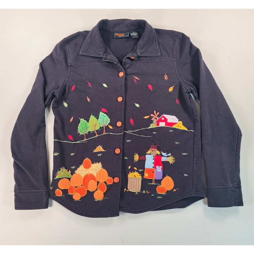 Onque Casuals Fall Jacket Womens S Pumpkin Scarecrow Embroidered Halloween